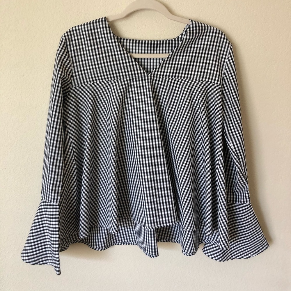 Gingham Top with Flared Sleeves